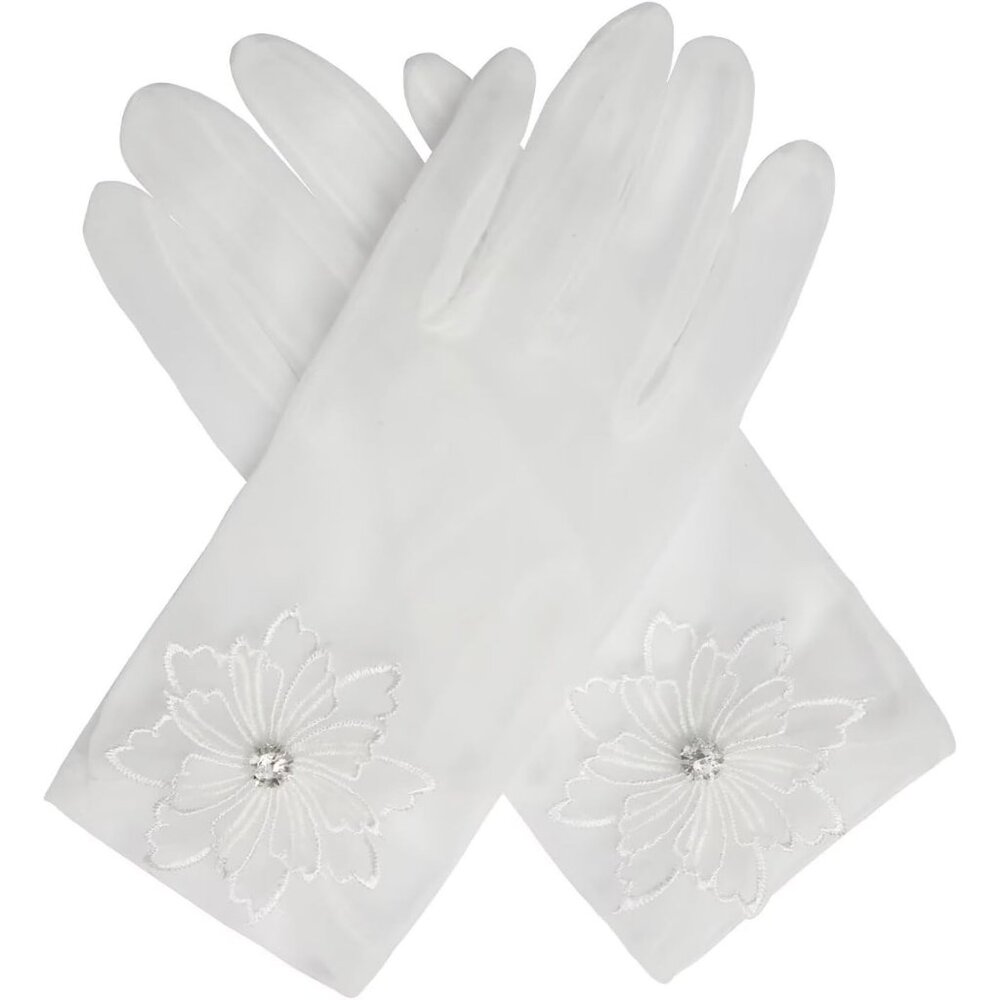 Women's Short Floral White Diamond Flower Gloves Tulle Tea Opera Party Elegant